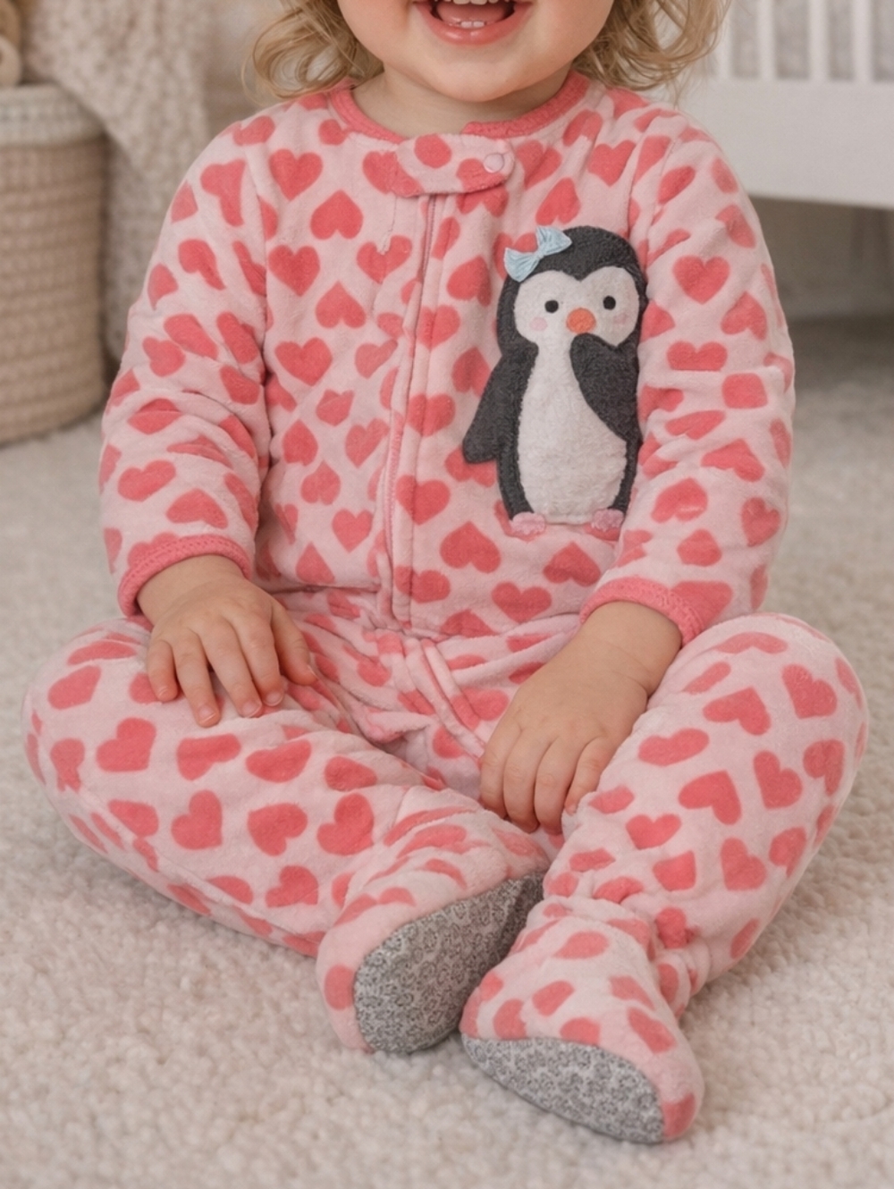 💖 Carter’s “Just One You” Fleece Sleeper – 18M – Pink Hearts Penguin Pajamas